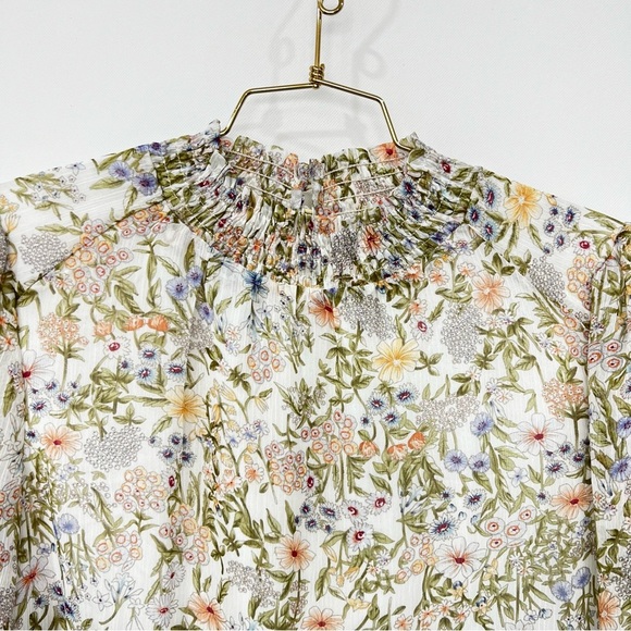 Floral Mini Dress Smocked Neck Tiered Sheer Long Sleeve Lined Multicolored - Picture 6 of 12